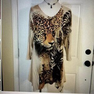 MINT Cactus Tunic Top Dress XL Asymmetrical Animal Print Cream
